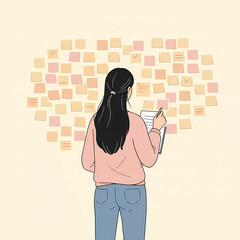 Young woman studying and taking notes with sticky notes on wall  
