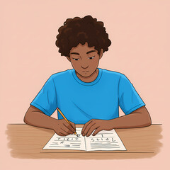 Young black boy studying and writing in notebook at home  