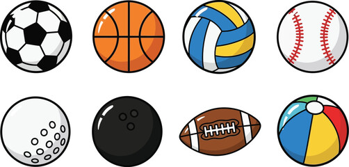 Eight popular sports balls collection for active lifestyle and recreation