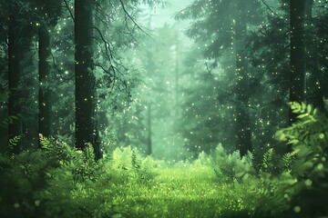 A lush green forest scene with fireflies illuminating the path and tall trees surrounding it