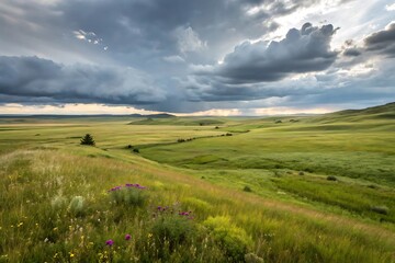 A vast green field stretches towards the horizon under a dramatic sky filled with storm clouds, creating a captivating landscape