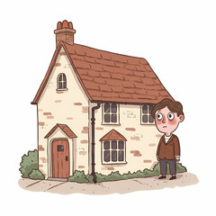 Young man standing thoughtfully beside quaint house with garden  