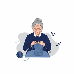 Elderly Asian woman knitting a sweater at home with joy  