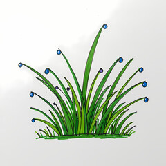 Grass with dew droplets in vibrant green and blue colors  