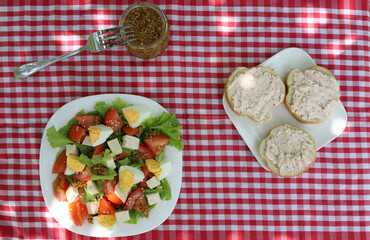 breakfast in nature. On a red checkered tablecloth there is a plate with a salad of eggs, tomatoes, fresh herbs and cheese cubes, and next to it there is a plate with sandwiches and mustard in a jar.