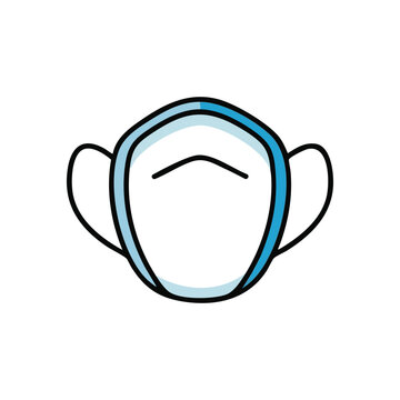 Protective Face Covering Symbol. Minimalist drawing of a white respiratory shield with azure details. Signifies well-being, hazard mitigation, and community wellness.