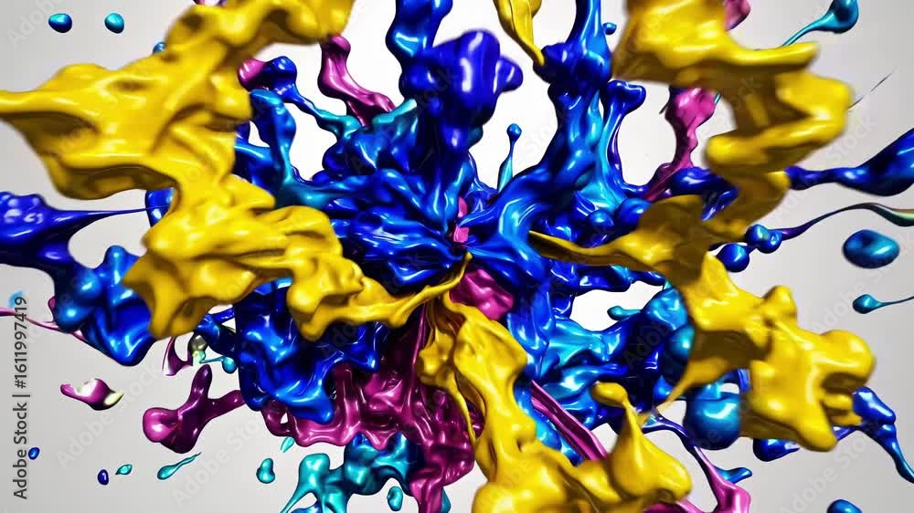 Poster dynamic splash of colorful paint captured from a top-down angle, creating an explosive, vibrant effe
