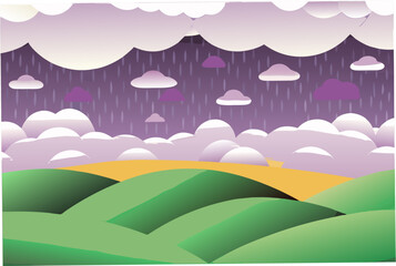 Rolling green hills under a purple stormy sky with rain and clouds nature landscape