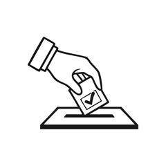 Hand Casting Ballot Icon. A person places their choice into a voting container. This graphic represents democracy, citizen participation, and the power of civic engagement.