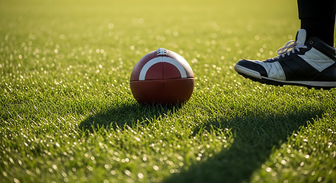 Close up of an American football on green grass with a player about to kick it during a sunny game with long shadows