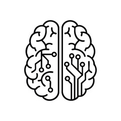 Artificial Intelligence Brain. This elegant icon features a human cerebrum infused with circuitry, illustrating digital thinking, machine learning, and technological progress.