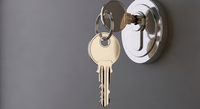 A gold key inserted into a shiny metal lock on a gray surface.