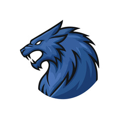 Fierce Blue Wolf Mascot Head. A dynamic illustration of a powerful canine's profile, conveying strength, speed, and competitive spirit. Perfect for sports emblems.
