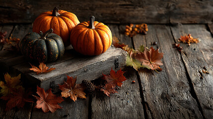 Halloween background two pumpkins and autumn leaves on a weathered wooden surface