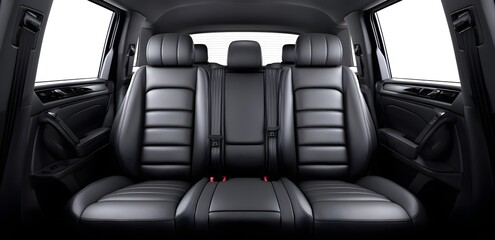 Black leather car seats with headrests and seat belts view from back seat inside vehicle
Luxurious black leather rear seats in a spacious, modern vehicle interior. 