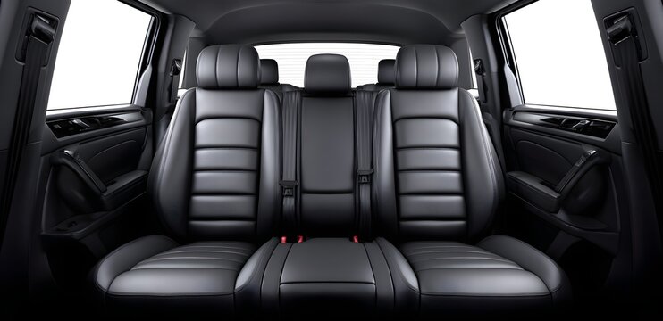 Black leather car seats with headrests and seat belts view from back seat inside vehicle
Luxurious black leather rear seats in a spacious, modern vehicle interior. 