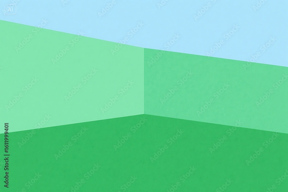 Poster a minimalist geometric background features a corner with intersecting planes in shades of green and 
