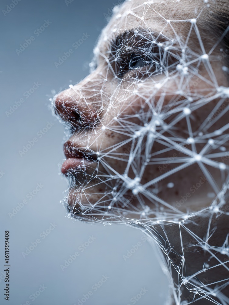 Poster neural network web intricately connecting along the contours of a face showcasing innovation in tech