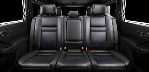 Obraz premium Black leather car seats with headrests and seat belts view from back seat inside vehicle Luxurious black leather rear seats in a spacious, modern vehicle interior. 