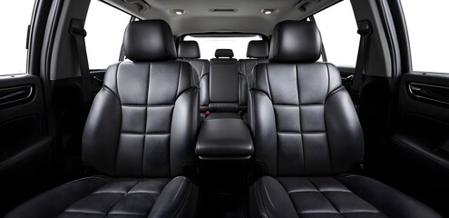 Obraz premium Black leather car seats with headrests and seat belts view from back seat inside vehicle Luxurious black leather rear seats in a spacious, modern vehicle interior. 