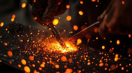 A blacksmith working with metal and creating sparks in a dark workshop environment with tools