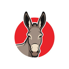 Donkey Head Emblem Illustration. Bold graphic featuring a stylized burro's face within a striking red circle. Perfect for a strong animal mascot or iconic design.