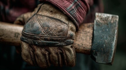 Lumberjack's worn leather gloves gripping wooden axe handle