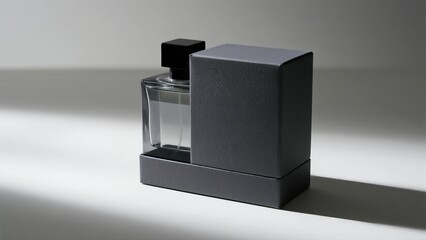 A clear perfume bottle with a black cap rests in a leather-textured gray box—expressing elegance, minimalist style, and refined taste through thoughtful packaging design