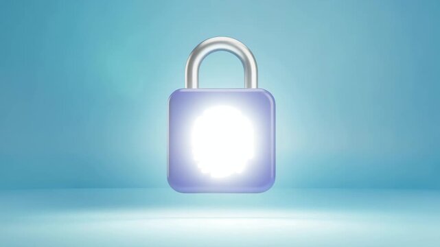 A blue security lock sits on a blue background and has a fingerprint.