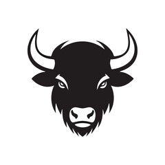 Powerful Bison Head Mascot Emblem. Bold monochrome portrayal of an untamed buffalo, embodying vigor and determination. Represents resilience, wild spirit, and strength.