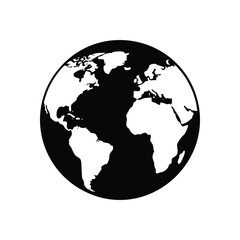 Minimalist Earth Globe Icon. Stylized monochromatic representation of our planet, featuring continents in stark white on a deep black background. Symbolizes universal unity.