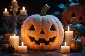 A furry Halloween pumpkin with a carved smile, surrounded by lit candles—evoking a cozy, mysterious, and whimsical Halloween night