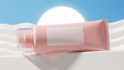 A soft pink cream tube lies on a white surface bathed in sunlight. Cream gently oozes from the nozzle and the clear cap sits nearby—representing fresh, clean skincare on a warm, bright day