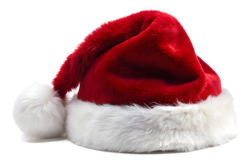 A classic red santa claus hat with white fluffy trim and pompom, isolated on transparent background