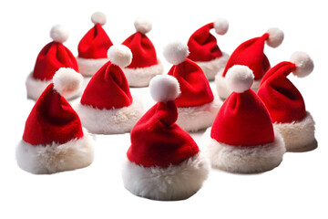 A group of red santa claus hats with white fluffy trim and pompoms, isolated on transparent background