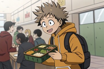 An anime boy with spiky hair smiles while carrying a lunch tray in a school cafeteria, wearing an orange hoodie and backpack