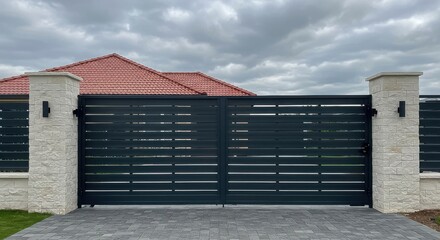 A modern black metal gate with horizontal slats stands guard in front of a house with a red tile roof