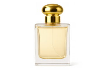 Elegant perfume bottle with golden cap on transparent background