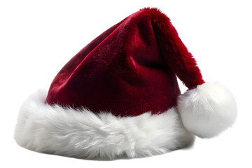 A plush red santa hat with white trim and a pompom, isolated on a transparent background