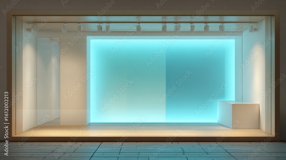 Poster mockup of a fashion boutique window display highlighting a glowing panel in a contemporary setting w