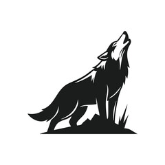 Wild Wolf Howling Silhouette. Dynamic black and white illustration of a creature expressing its primal voice. It symbolizes strength, freedom, and untamed nature.