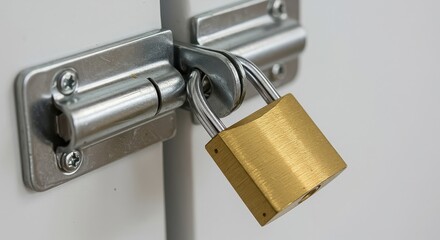 A shiny brass padlock secures a metal latch on a white door, ensuring safety and privacy