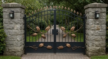 An ornate iron gate with decorative leaves stands between two stone pillars, leading to a lush garden pathway