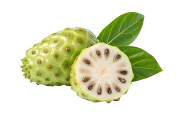 Close up of a whole and sliced noni fruit with green leaves isolated on transparent background