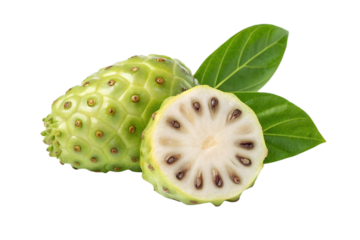 Close up of a whole and sliced noni fruit with green leaves isolated on transparent background