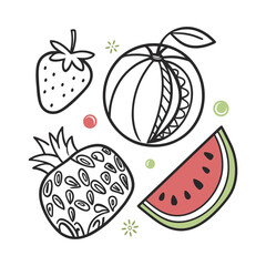 Vibrant fruit icons with bold outlines and colorful splash accents