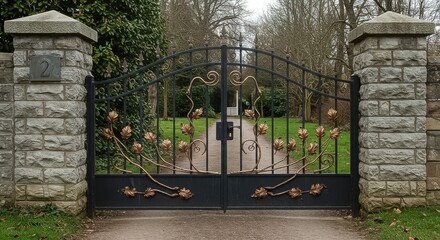 An ornate iron gate with decorative metalwork stands between stone pillars, leading to a pathway through a lush green garden