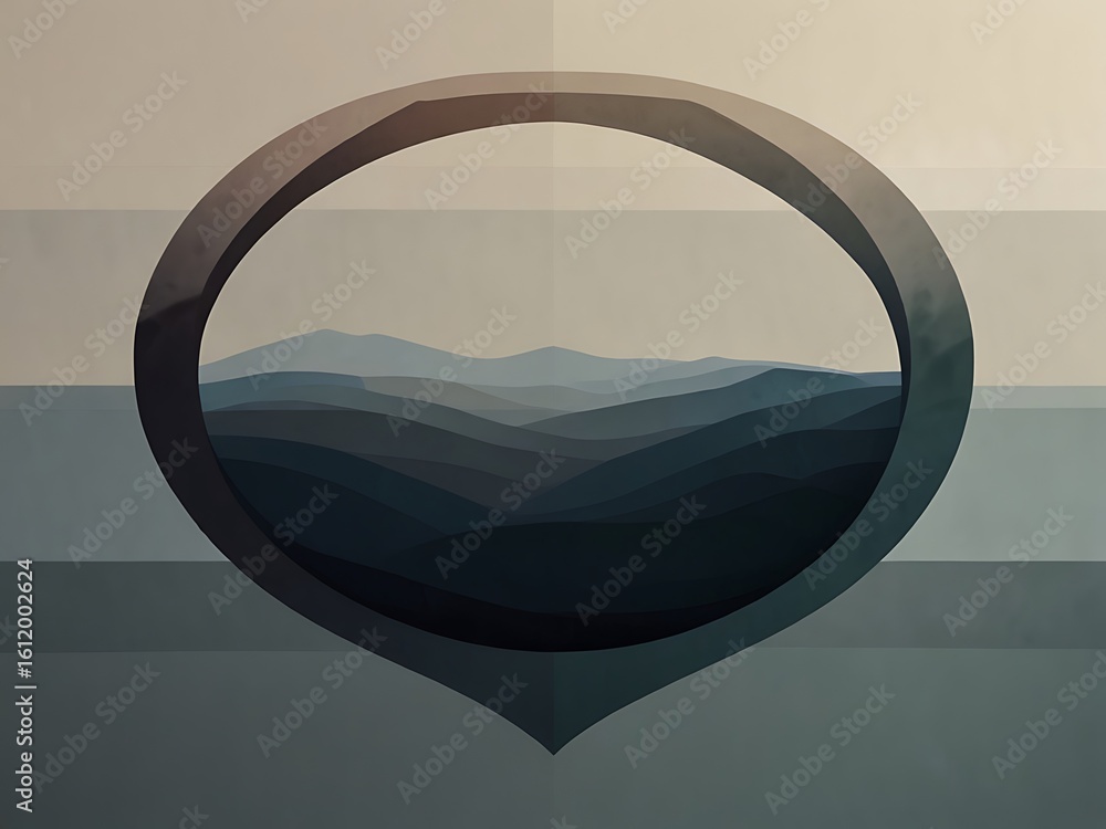 Poster a captivating view of a mountain range is framed within an oval shape, creating an abstract and arti