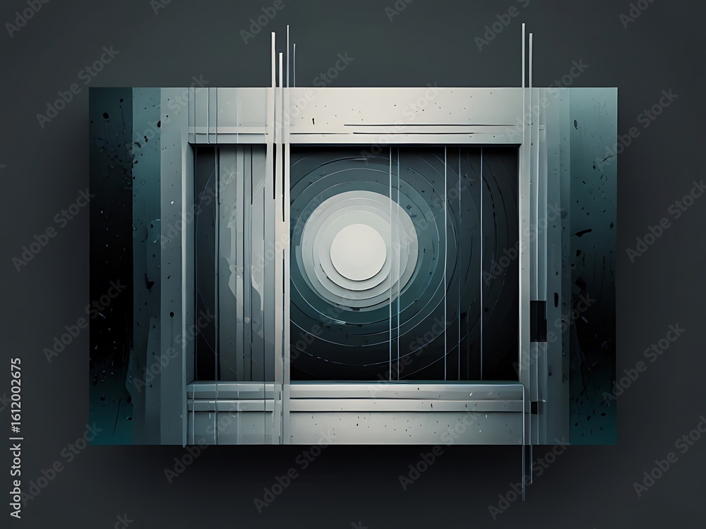 Poster a striking abstract geometric design features a modern frame with circular patterns, creating a visu