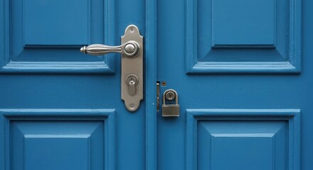 A closeup of a vibrant blue wooden door featuring a classic metal handle and a secure padlock
